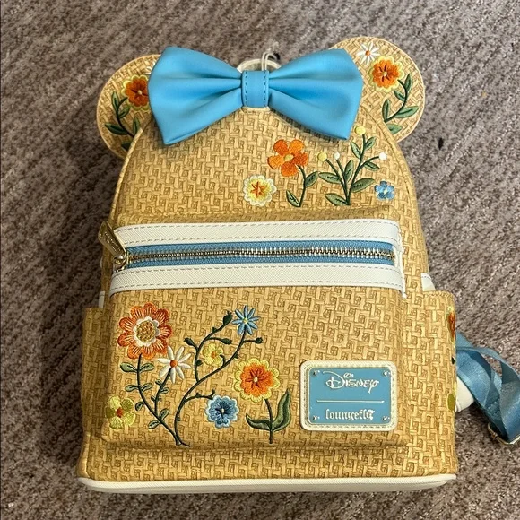 Loungefly Disney Minnie Mouse Raffia Floral Ears Mini Backpack - Picture 1 of 6